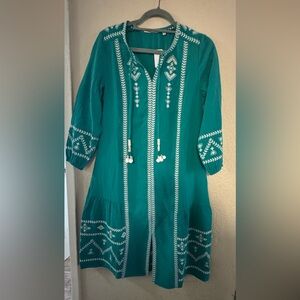 Soft Surroundings Teal and White Embroidered Midi Dress